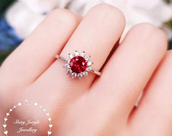 Halo round cut genuine lab grown Ruby engagement ring, July Birthstone promise ring, delicate ruby ring, white gold plated sterling silver