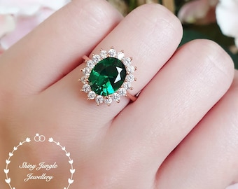 Halo Emerald Engagement Ring, 3 Carats 8*10 mm Oval Cut Emerald Ring, Royal Halo Design Green Gemstone Promise ring, May Birthstone Gift