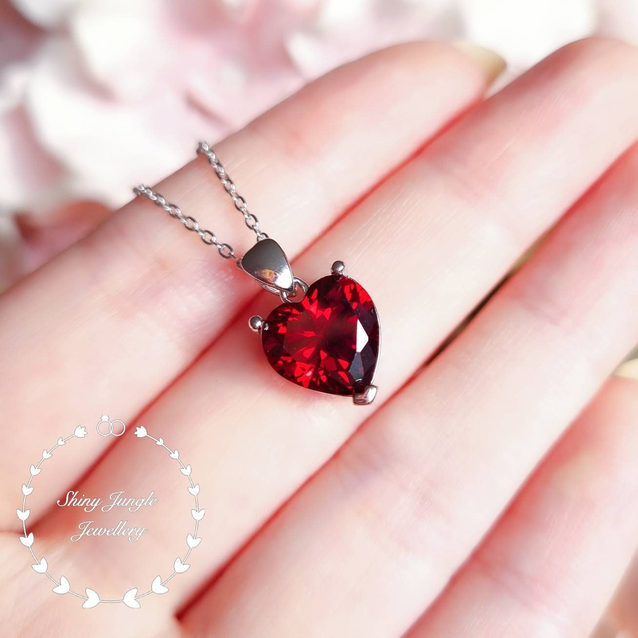 Sterling Silver Garnet Heart within Heart Necklace