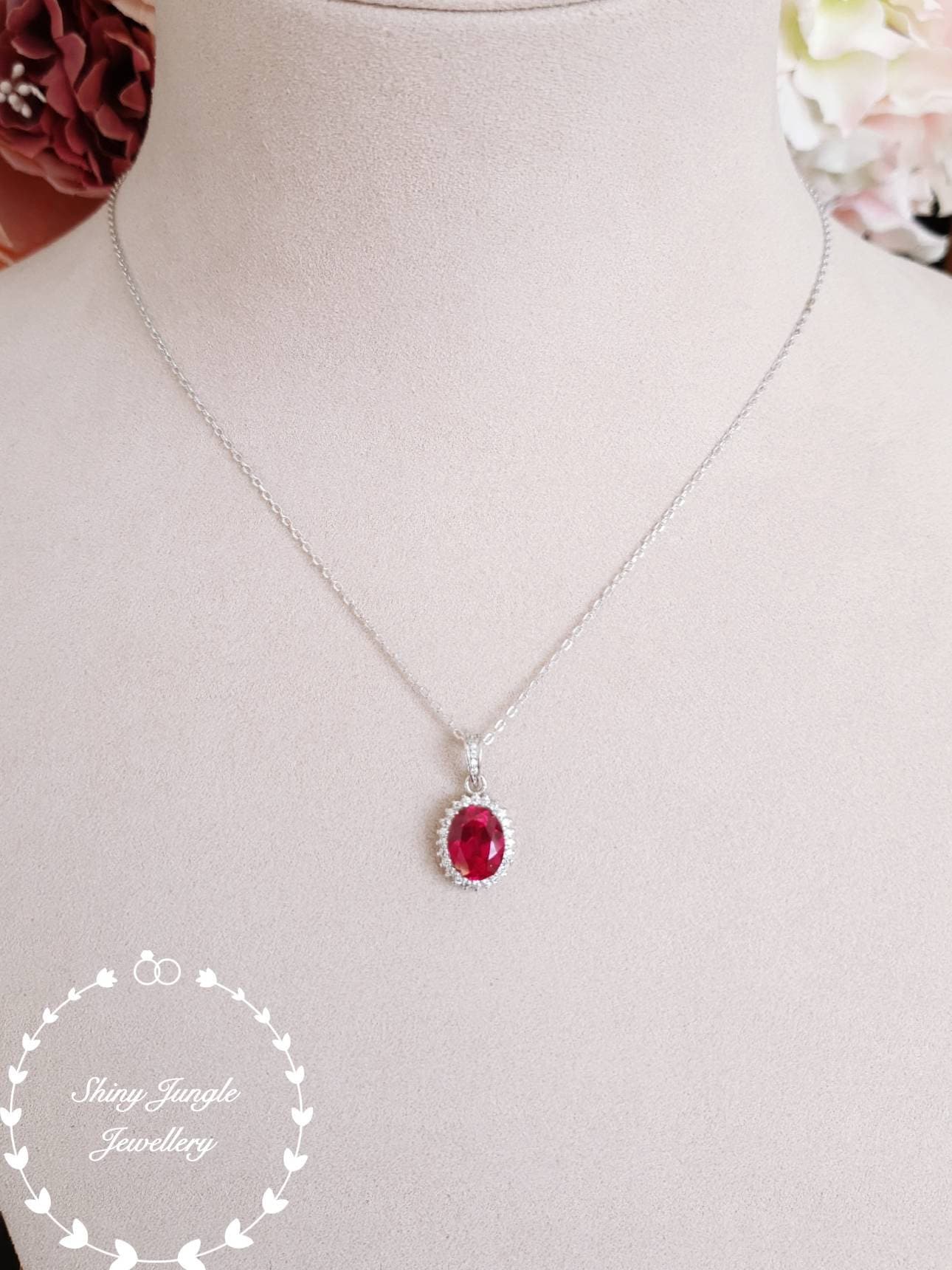 Royal Halo Genuine Lab Grown Ruby Necklace, 3 Carats 8*10 Mm