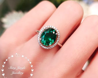 Modern Halo Oval Cut Emerald Engagement Ring, 3 carats 8*10 mm Muzo Green Emerald with Micro Pavé Halo, May Birthstone Promise Ring Gift