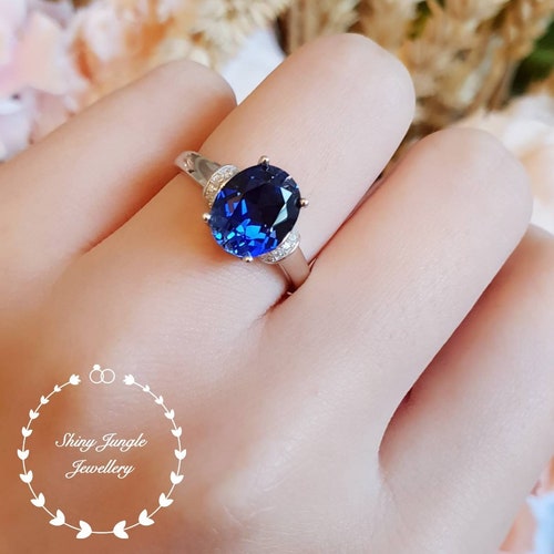 Genuine Lab Grown Royal Blue Sapphire Engagement ring, 3 Carats 8*10 Oval Sapphire Solitaire Ring with Accents, September shops Birthstone Gift