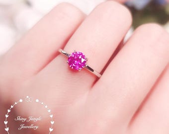 Dainty Pink Sapphire Solitaire Engagement Ring, 1 Carat 6mm Genuine Lab Grown Hot Pink Sapphire Promise Ring, September Birthstone Gift