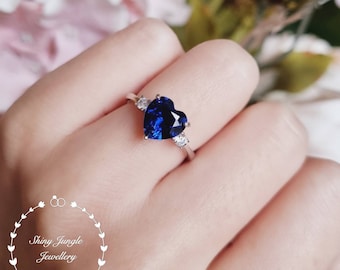 Heart Shaped Royal Blue Sapphire Engagement Ring, Genuine Lab Grown 8 mm Heart Cut Sapphire Trilogy Three Stone Ring, September Birthstone