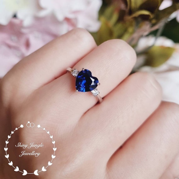 14k White Gold Round Blue Sapphire September Birthstone Heart Ring 14k White Gold Round Blue Sapphire September Birthstone Heart Ring