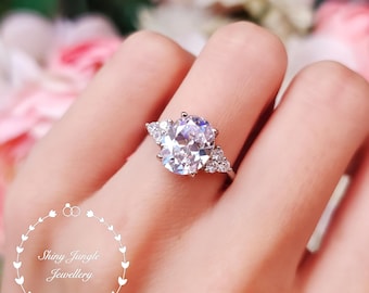 Three Stone Oval Diamond Engagement Ring, 3 Carats 8×10 mm Diamond Simulant Promise Ring, April Birthstone Gift