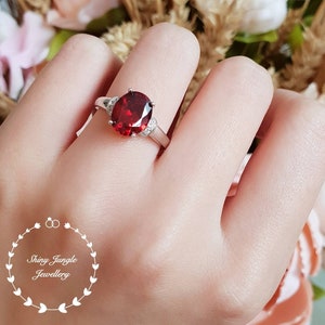Oval Garnet ring, Red Garnet engagement ring, red stone ring, wine red garnet ring, white gold plated sterling silver, three stone ring