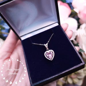 Heart shaped Pink Diamond Halo Necklace, Heart cut 8*8 mm Fancy Pink Diamond Simulant Pendant, Halo Pink Heart Pendant, April Birthstone