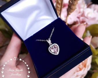 Halo Heart shaped Morganite necklace, 2 Carats Heart cut Morganite Halo Pendant, Blush Pink Morganite Bridal Necklace, Pink Heart Pendant