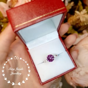 Alexandrite Ring, 2 carats 8 mm Round Cut Alexandrite Three Stone Engagement Ring, June Birthstone Promise Ring, Colour Changing Gemstone image 7