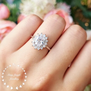 Halo Oval Diamond Ring, Princess Diana Style Oval Cut 2 Carats 6*8 Diamond Simulant Engagement Ring, April Birthstone Promise Ring
