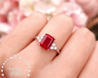 Three Stone Emerald Cut Ruby Engagement Ring, Genuine Lab Grown Pigeons Blood Ruby Promise Ring, July Birthstone Gift, Rectangular Ruby Ring