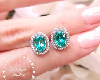 Modern Halo Paraiba Tourmaline Earrings, 2 Carats Bright Teal Green Tourmaline Studs, Turquoise Bridal Earrings