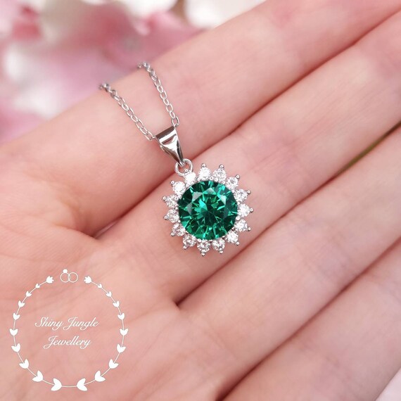 Flower Halo Round Cut Emerald Pendant 2 