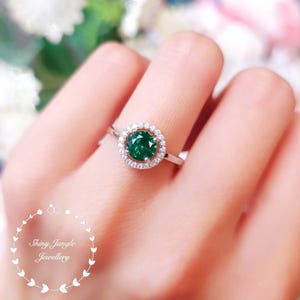 Modern Halo Round Cut Emerald Engagement Ring, 1 carat 6 mm Delicate Emerald Promise Ring, May Birthstone Gift, Muzo Green Emerald Ring