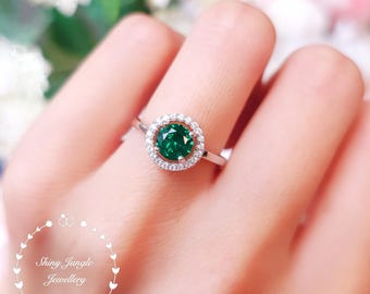 Modern Halo Round Cut Emerald Engagement Ring, 1 carat 6 mm Delicate Emerald Promise Ring, May Birthstone Gift, Muzo Green Emerald Ring