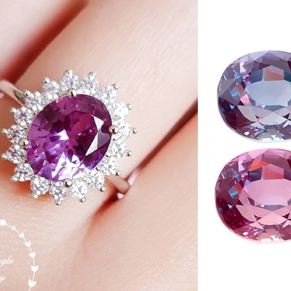 Alexandrite Ring, Halo 3 carats 8*10 mm Oval Cut Alexandrite Engagement Ring, June Birthstone Promise Ring, Colour Changing Gemstone Ring