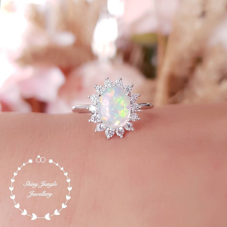 Halo Opal Engagement Ring 79 Mm White Opal Cabochon Ring Etsy