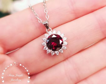 Flower Halo Oval Garnet Necklace, 2 carats 8*8 mm Round Cut Garnet Royal Halo Pendant, January Birthstone Gift, Deep Red Gemstone Necklace