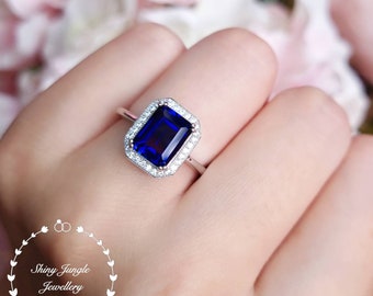 Halo Emerald Cut Sapphire Engagement Ring, 3 Carats 7*9 mm Rectangular Cut Royal Blue Genuine Lab Grown Sapphire Ring, September Birthstone