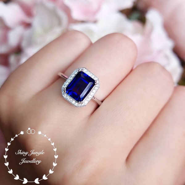 Halo Emerald Cut Sapphire Engagement Ring, 3 Carats 7*9 mm Rectangular Cut Royal Blue Genuine Lab Grown Sapphire Ring, September Birthstone