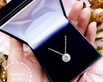 Classic Bezel Set 2 Carats Diamond Necklace, 8 mm Round Brilliant Cut Diamond Simulant, Simple Solitaire Pendant, White Gold Plated Silver