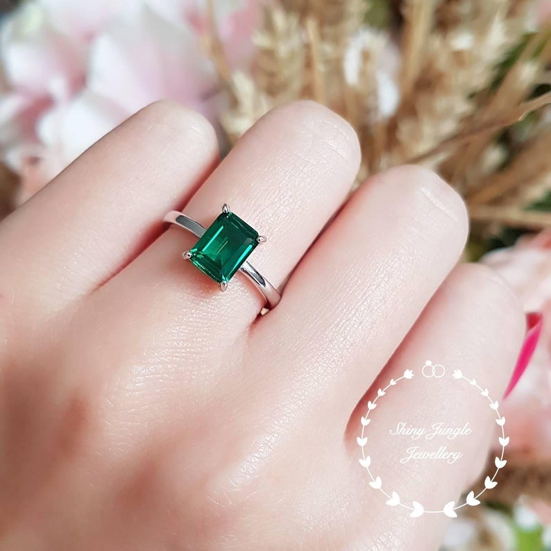 Emerald cut emerald ring, 2 carats 68 mm Emerald Cut Engagement ring, white gold plated sterling silver, green gemstone ring, square cut image 1