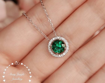 Halo Round Emerald Solitaire Necklace, Delicate 1 carat 6mm Muzo Green Emerald Pendant, May Birthstone Gift, Green Gemstone Pendant