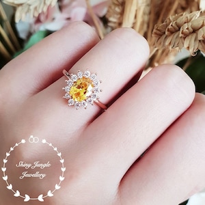 Halo yellow diamond ring, 2 ct yellow diamond simulant engagement ring, white/rose gold plated sterling silver, yellow stone statement ring