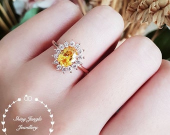 Halo yellow diamond ring, 2 ct yellow diamond simulant engagement ring, white/rose gold plated sterling silver, yellow stone statement ring