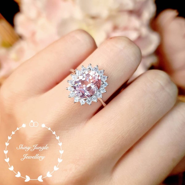 Rare Pastel Blush Pink Genuine Lab Grown Sapphire Engagement Ring, 3 Carats 8*10 Oval Light Padparadscha Sapphire Ring, Diana Halo Design