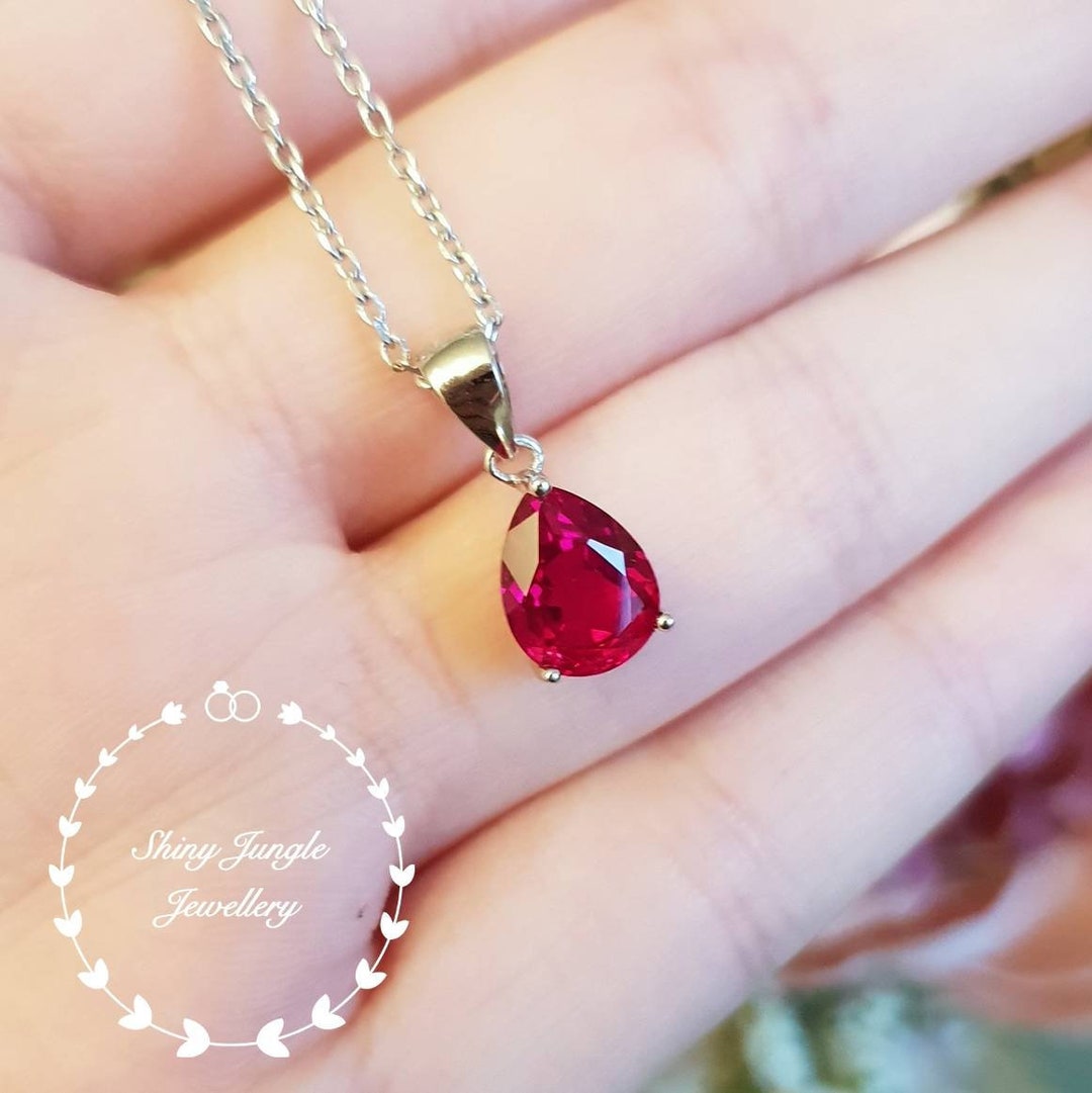 Pear Shaped Genuine Lab Grown Ruby Necklace, July Birthstone
