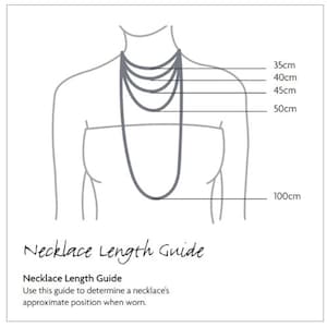 May include: A diagram illustrating necklace lengths, ranging from 35cm to 100cm, displayed on a stylized figure. The image includes the text "Necklace Length Guide" and provides a visual reference for necklace positioning.