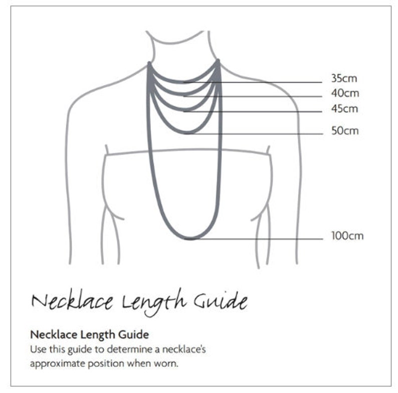 May include: A diagram illustrating necklace lengths, ranging from 35cm to 100cm, displayed on a stylized figure. The image includes the text "Necklace Length Guide" and provides a visual reference for necklace positioning.