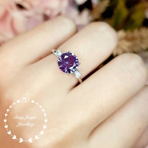 Alexandrite Ring, 2 carats 8 mm Round Cut Alexandrite Three Stone Engagement Ring, June Birthstone Promise Ring, Colour Changing Gemstone image 1