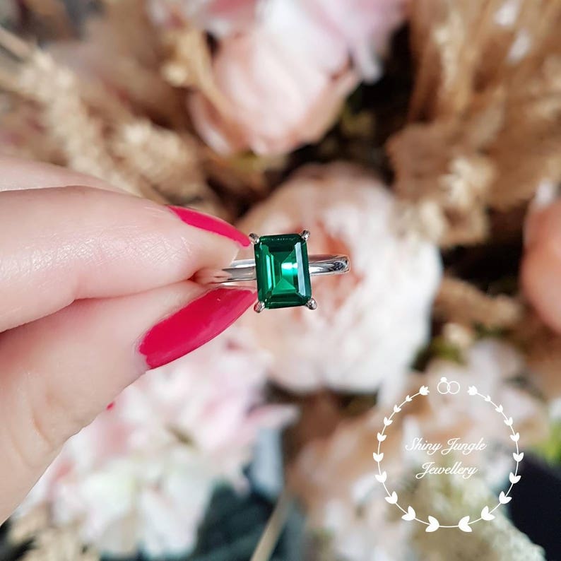 Emerald cut emerald ring, 2 carats 68 mm Emerald Cut Engagement ring, white gold plated sterling silver, green gemstone ring, square cut image 3