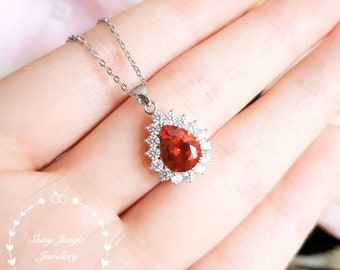 Halo Teardrop Garnet Pendant, Pear Cut 7*9 mm Orangy Red Garnet Necklace, January Birthstone Pendant