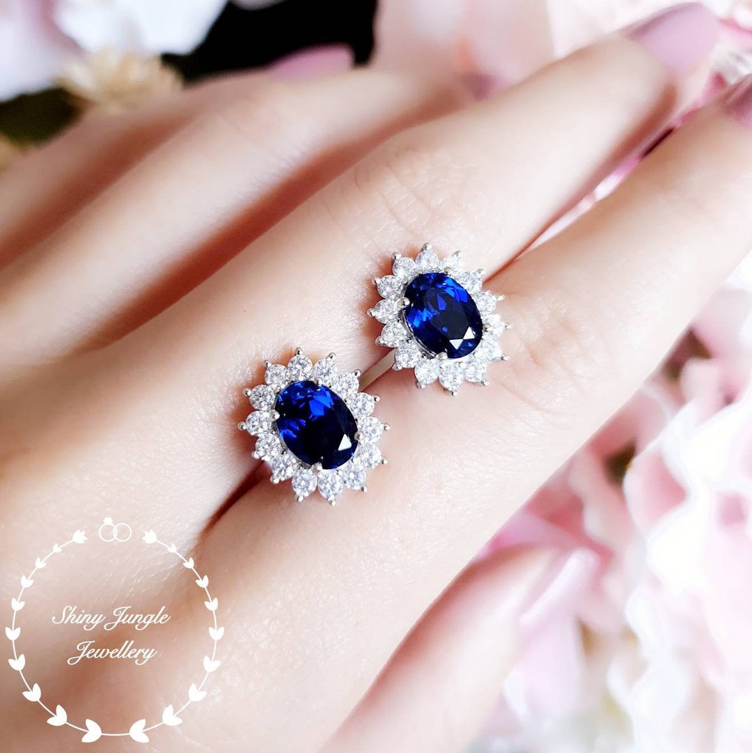 Genuine Lab Grown Royal Blue Sapphire Stud Earrings Halo Sapphire Earrings Blue Bridal Earrings Oval Sapphire Earrings Cluster Earrings Etsy UK