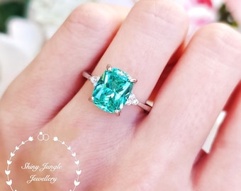Paraiba Tourmaline Ring, 3 Carts Cushion Cut, Three Stone Sterling Silver Setting
