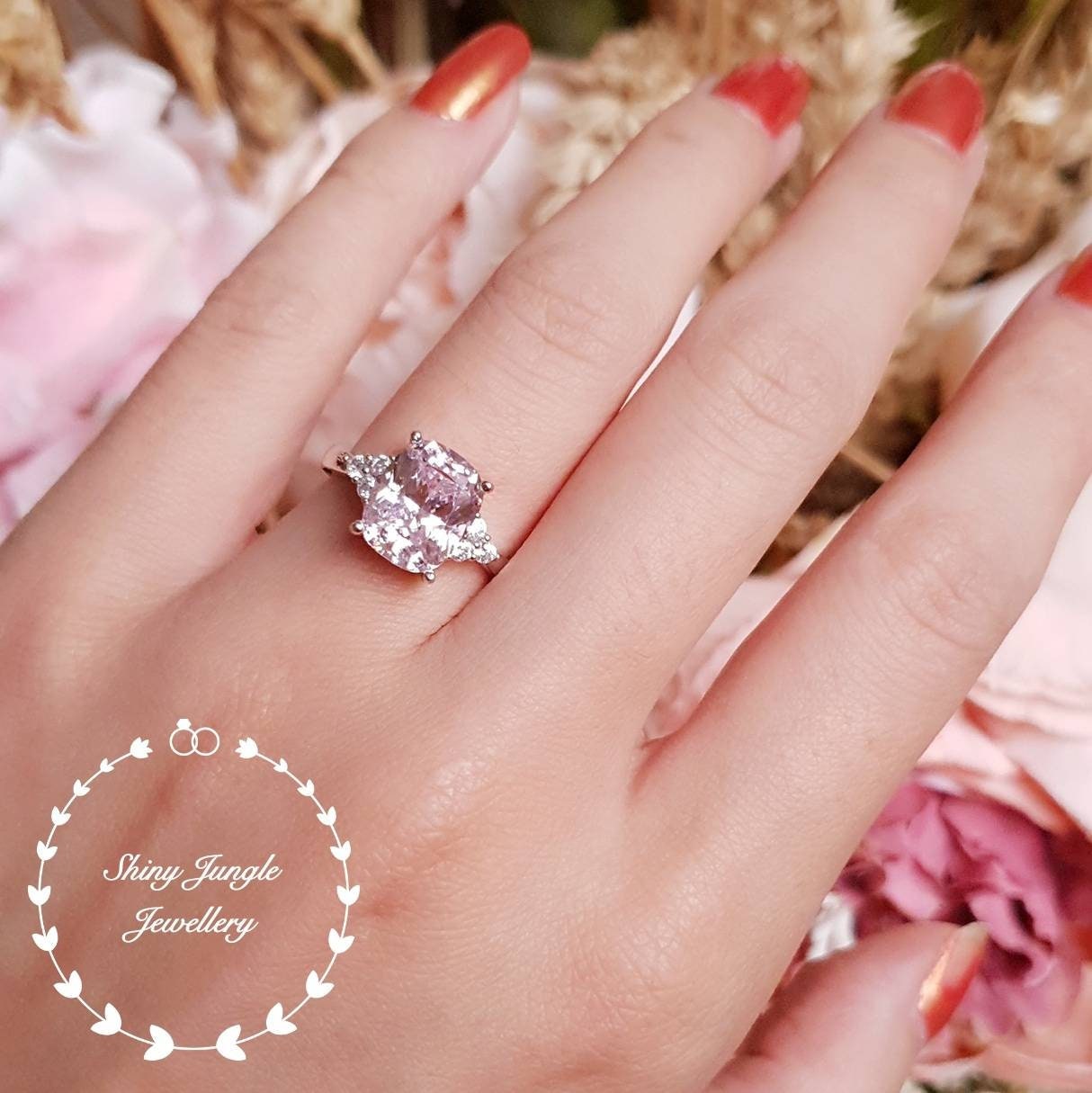Pink diamond ring, 3 stone style engagement ring, 3 carats cushion cut fancy pink diamond