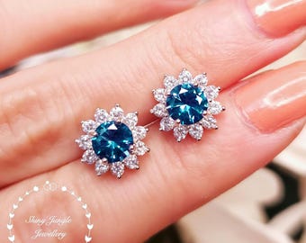 Flower Halo London Blue Topaz Earrings, 1 carat 6 mm Round London Blue Topaz, Teal Blue Bridal Earrings, Round Diana Topaz Earrings