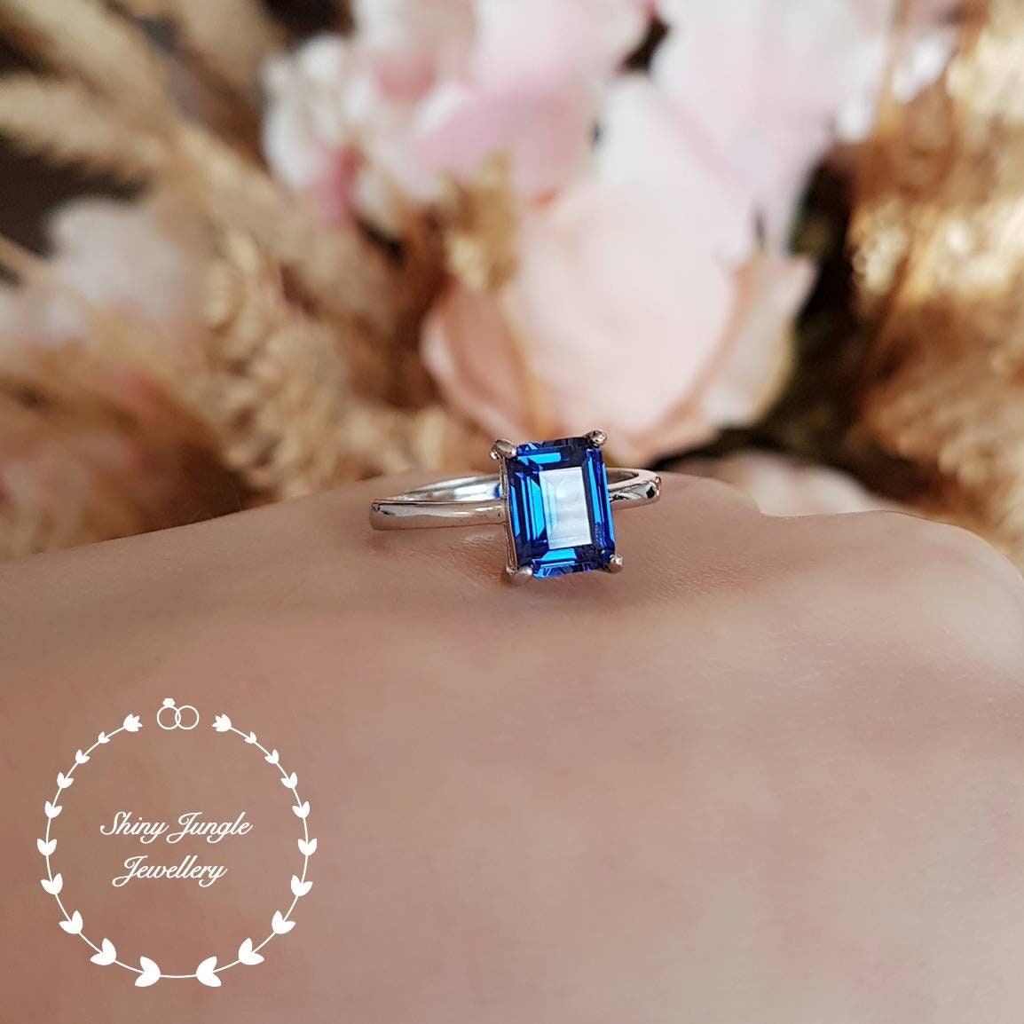 Genuine Lab Grown Royal Blue emerald cut sapphire engagement ring