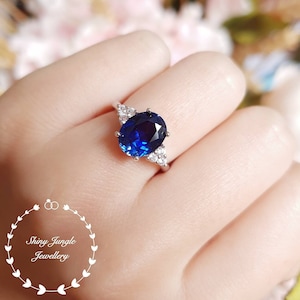 Genuine Lab Grown Royal Blue Oval Sapphire Engagement Ring, 3 carats sapphire three stone ring, September Birthstone Promise Ring
