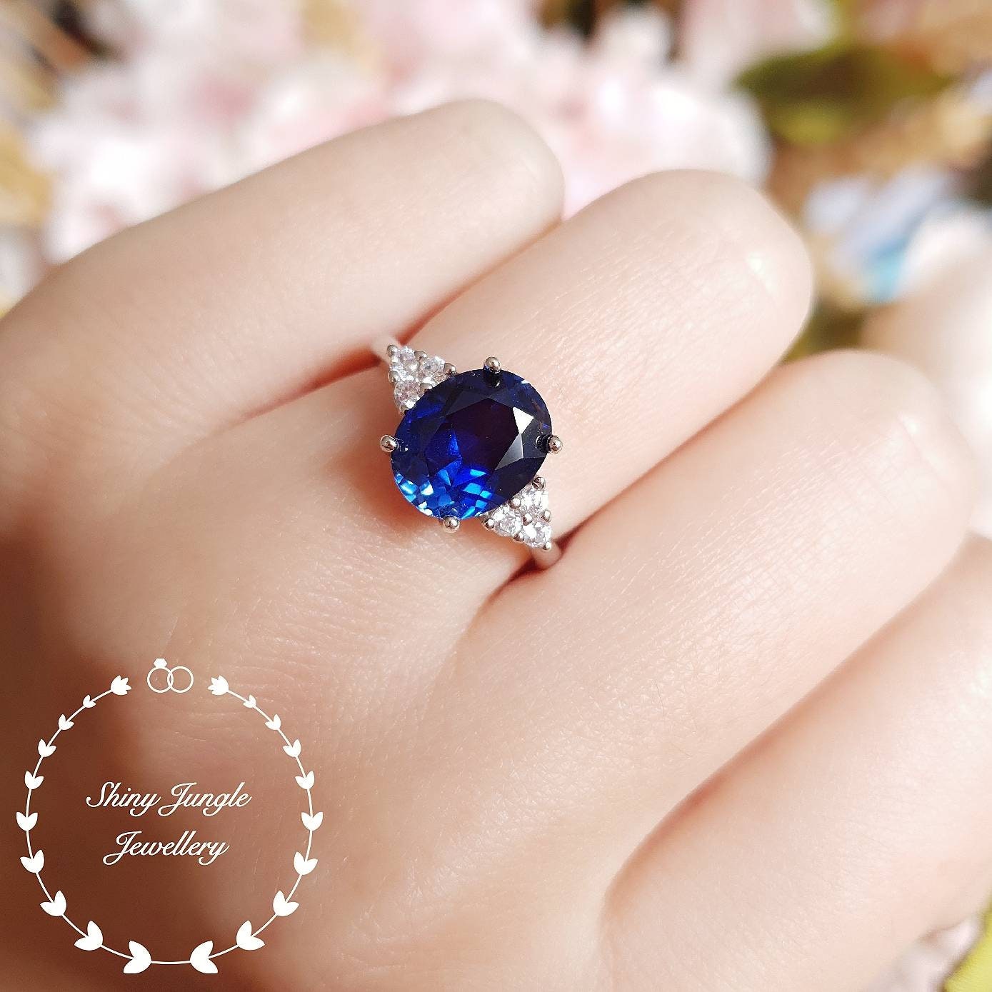 14K Solid White Gold Lab Created Sapphire Three Stone Engagement Promise Ring