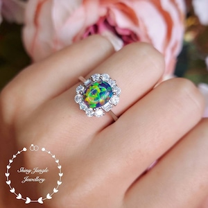 Art Deco Halo Black Opal Engagement ring, Oval Black Opal Cabochon Promise Ring with Rectangular Diamond Simulant Halo, October Birthstone