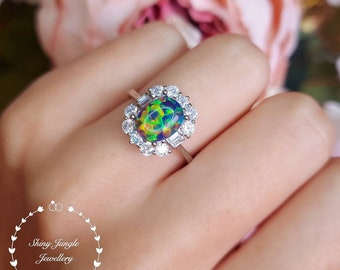 Art Deco Halo Black Opal Engagement ring, Oval Black Opal Cabochon Promise Ring with Rectangular Diamond Simulant Halo, October Birthstone