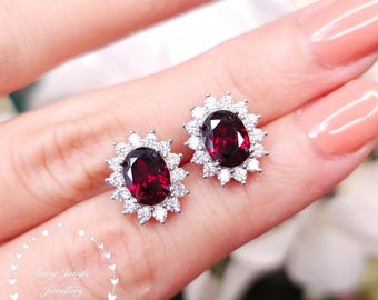 Diana Halo Oval Garnet Earrings, 2 Carat 6*8 mm Oval Cut Garnet Stud Earrings, Deep Red Garnet Studs, January Birthstone Gift