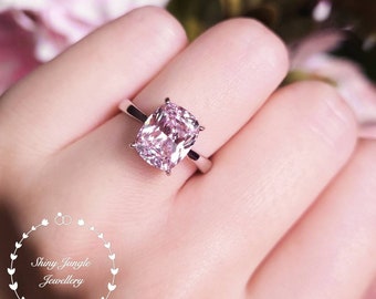 Pink Diamond Ring, Simple Solitaire Engagement Ring, 3 Carats Cushion Cut Fancy Pink Diamond Simulant Ring, Pastel Pink Diamond Promise Ring