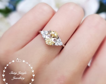 Oval Yellow Diamond Engagement Ring, 2 Carats Oval Fancy Yellow Diamond Simulant Promise Ring, Sterling Silver Ring, April Birthstone Gift