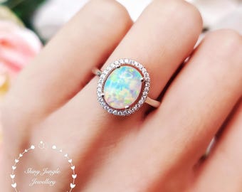 Modern Halo 3 Carats White Opal Engagement Ring, 8*10 mm Fire Opal Cabochon Ring, October Birthstone Gift for Her, Fire Opal Promise Ring